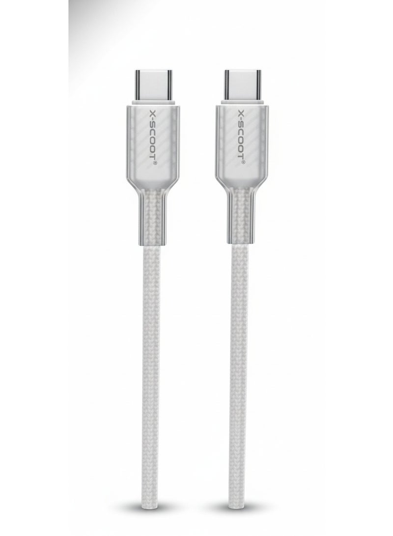 X-SCOOT CL‑147 PD Super Fast Charging & Data Cable USB-C to USB-C , 120W for Smartphones, Tablets, Power Banks, High Speed Data Transfer, Durable Kefla's Braided 1m Cable, Anti-Swing , Tangle Free, Daily Use - White - Image 1